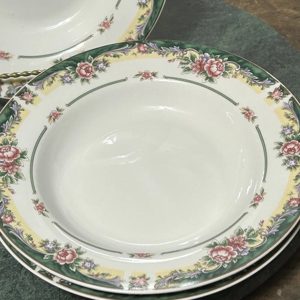 Excel Legend 435 Fine China Soup Bowls Floral Pink Rose Green Rim Set of 3